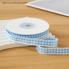 Cotton Ribbon Check Blue 15mm
